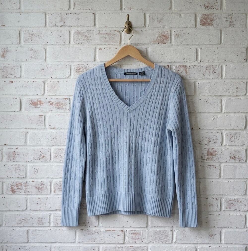 Jeanne Pierre Blue Cable Knit V Neck Sweater 100% Cotton Coastal Grandmother M